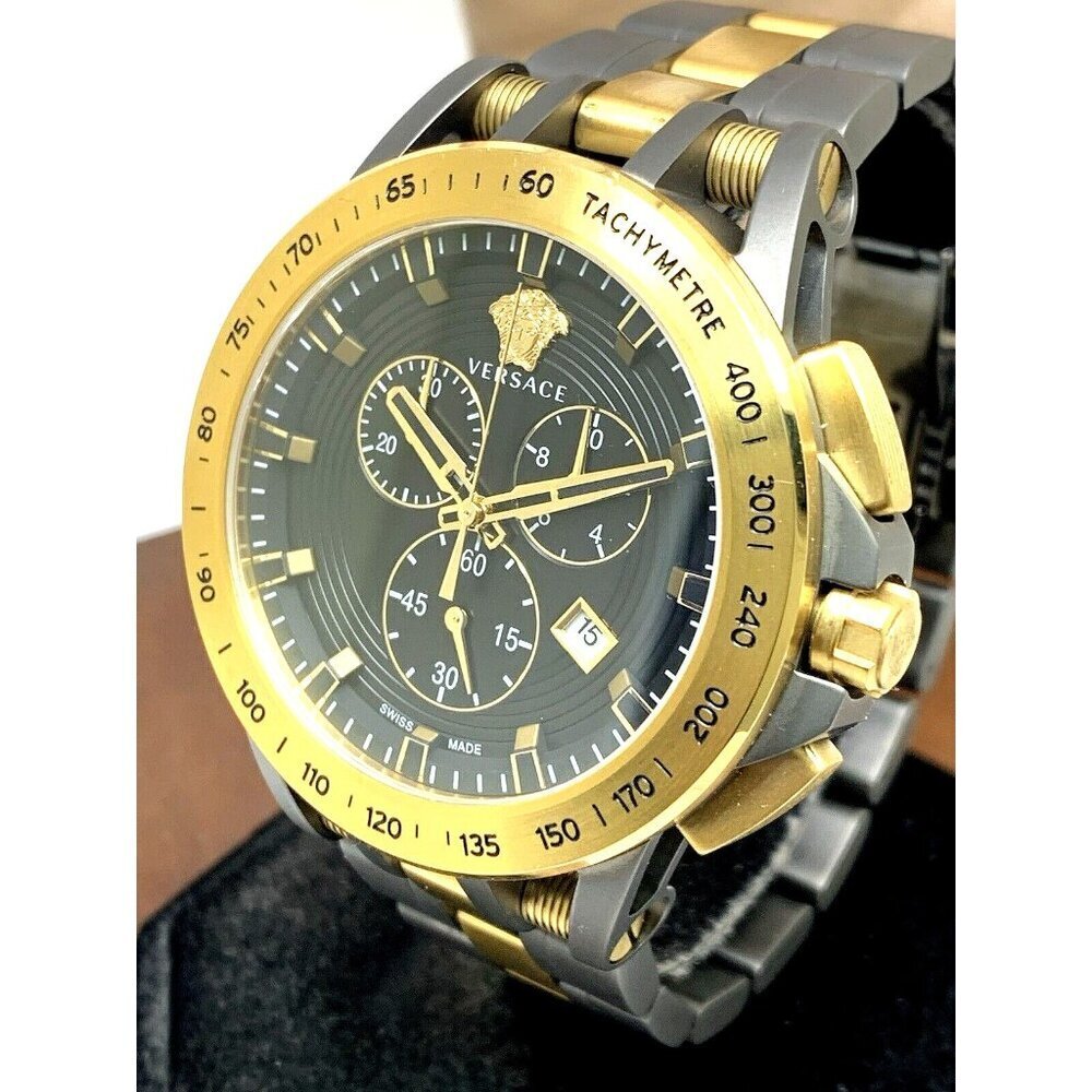 Versace Men's Watch VE3E00621 Swiss Quartz Chronograph Black Dial Gold Gray Band